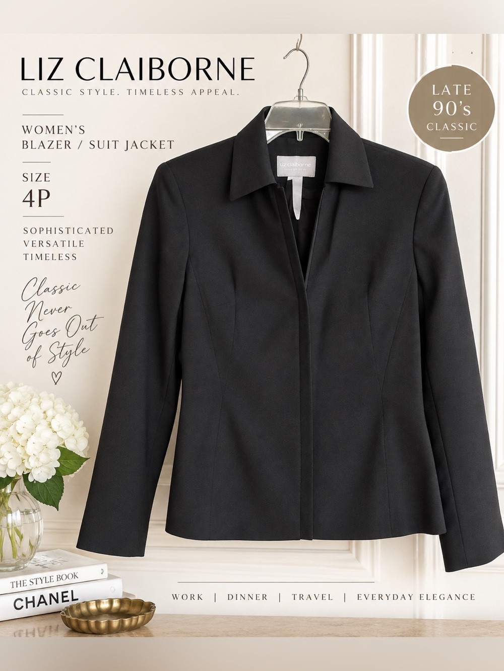 Vintage Liz Claiborne Collection Petite Black Blazer Women’s 4P 90s Tailored